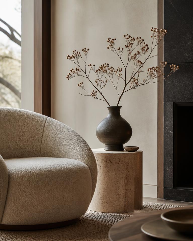 Salon architectural lumineux, beige, pierre et bois