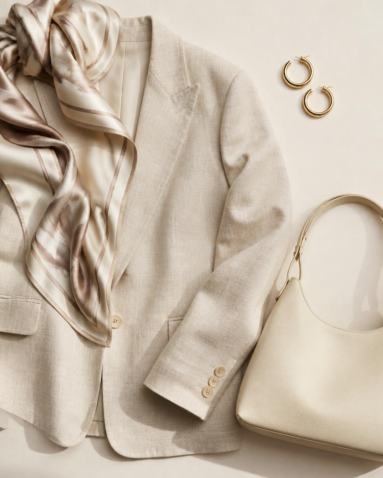 Blazer crème, sac en cuir camel et accessoires