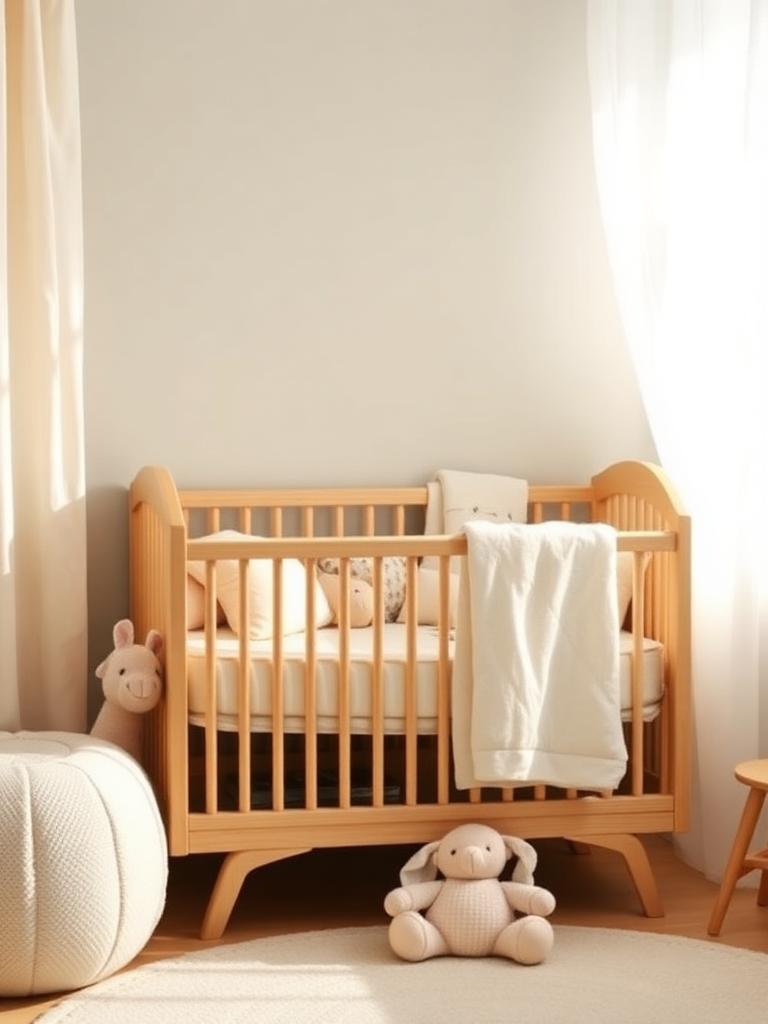 Chambre de bébé très lumineuse avec lit en bois clair