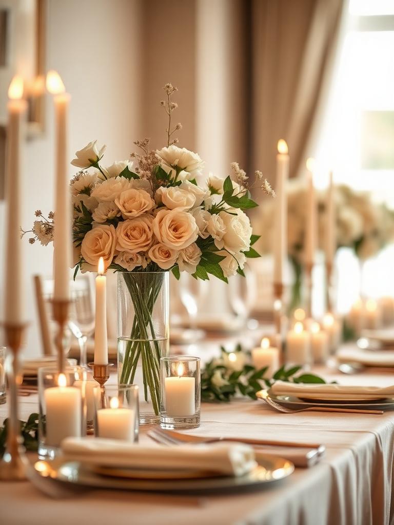 Table de mariage dressée, fleurs ivoire et pêche